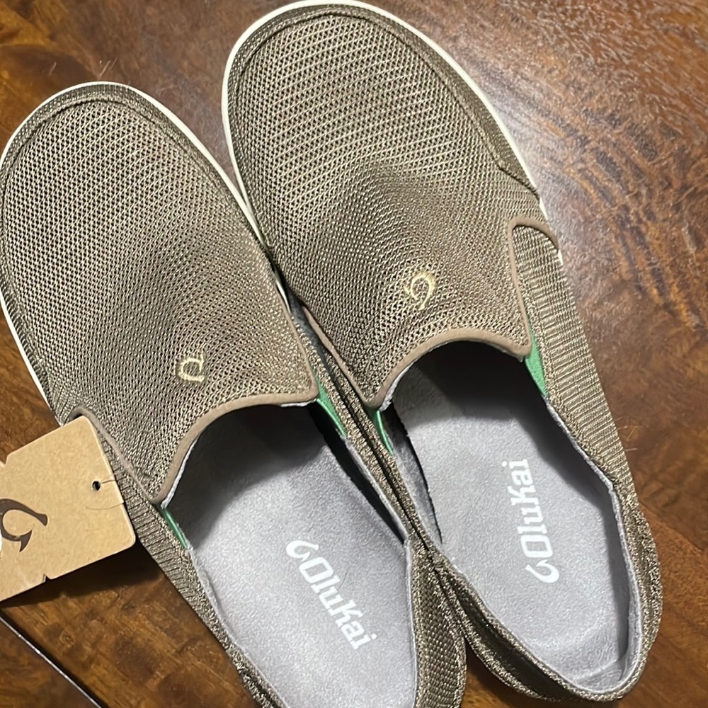 Olukai Nohea Mesh shoes. Color is mustang/ lime peel